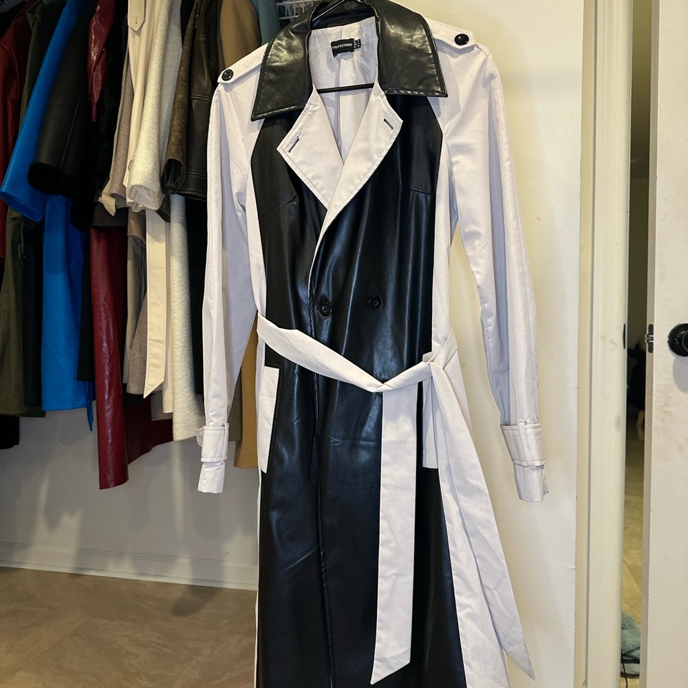 PrettyLittleThing Black and Beige Leather Trench Coat